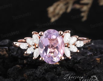 Unique Oval cut Lavender amethyst Engagement Ring Vintage Promise Rose gold cluster Engagement Ring Feb Birthstone women Anniversary Gift