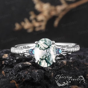 Anillo de compromiso de ágata de musgo natural ovalado vintage Anillo de promesa de oro blanco Piedra preciosa verde Anillo art déco inspirado en la naturaleza Regalos de joyería hechos a mano imagen 1