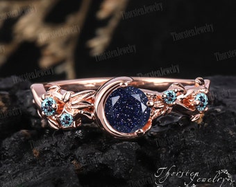Anillo de compromiso de piedra arenisca azul de inspiración única, oro rosa, estrella de la luna, anillo de promesa de Alejandrita, anillo de hoja, anillos delicados para mujer