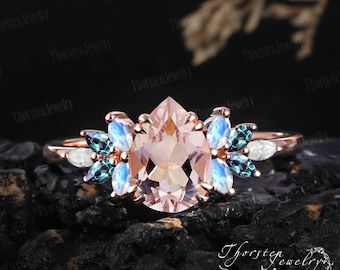 Poire Rose Morganite Bague de fiançailles 14k 18k Or rose Bague de mariage nuptiale vintage Promise Ring Cluster Ring Cadeaux d’anniversaire pour les femmes