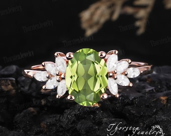 Unique Oval cut peridot Engagement Ring Vintage Promise ring for her Rose gold cluster Engagement Ring gemstone women Anniversary Gift