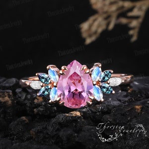 Unique Pear Pink sapphire Engagement Ring 14k Rose gold Bridal Wedding Ring Promise Ring Cluster Art DecoRing Anniversary Gifts For Women