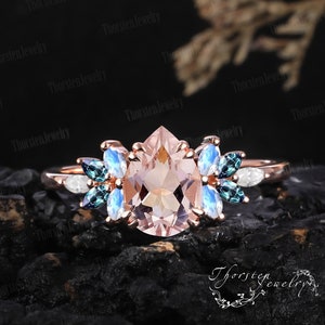 Pear Pink Morganite Engagement Ring 14k 18k Rose gold Bridal Wedding Ring Vintage Promise Ring Cluster Ring Anniversary Gifts For Women