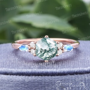 Hexagon Cut Moss Agate Engagement Ring 14K Rose Gold Promise Ring Vintage Moonstone Art Deco Ring Cluster Ring Anniversary Gifts For Women