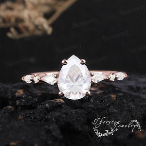 Vintage Moissanite Engagement Ring | Unique Pear Cut Rose Gold Wedding Ring |Kite Cut Diamond Cluster Ring | Promise Ring | Anniversary gift