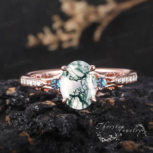 Anillo de compromiso de ágata de musgo natural ovalado vintage Anillo de promesa de oro blanco Piedra preciosa verde Anillo art déco inspirado en la naturaleza Regalos de joyería hechos a mano imagen 5