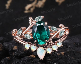 Art Deco Ring Oval Emerald Engagement Ring Sets Rose gold Bridal Sets Vintage Leaf Promise Ring Nature Inspired Cluster Ring Women Jewelry