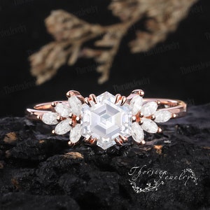 Hexagon Cut Vintage Moissanite Promise Ring Engagement Ring14k 18k Solid Rose gold Marquise Diamond Wedding Ring Anniversary Gifts For Women
