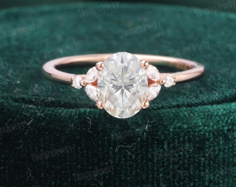 Moissanite Engagement Ring | Unique Vintage Rose Gold Wedding Ring | Oval Cut Cluster Ring | Diamond Promise Ring | Anniversary Gift Ring
