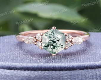 Hexagon Cut Moss Agate Engagement Ring | Unique Rose Gold Wedding Ring | Vintage Cluster Ring | Diamond Promise Ring | Anniversary gift