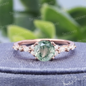 Vintage Moss Agate Engagement Ring Unique Rose Gold Wedding Ring Round Cut Cluster Ring Diamond Promise Ring Anniversary gift image 1