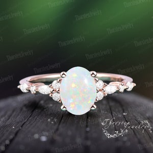 Vintage Fire Opal Engagement Ring | Unique Rose Gold Wedding Ring | Oval Cut Cluster Ring | Diamond Promise Ring | Anniversary gift