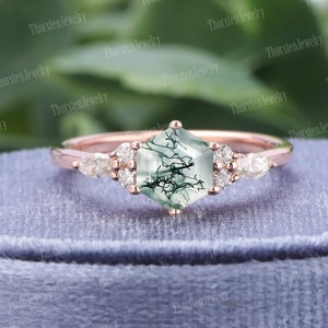 Hexagon Cut Moss Agate Engagement Ring Unique Rose Gold Wedding Ring Vintage Cluster Ring Diamond Promise Ring Anniversary gift image 1