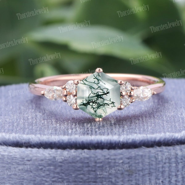 Hexagon Cut Moss Agate Engagement Ring | Unique Rose Gold Wedding Ring | Vintage Cluster Ring | Diamond Promise Ring | Anniversary Gift