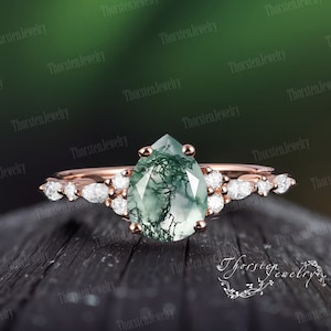 Moss Agate Engagement Ring | Unique Rose Gold Wedding Ring | Vintage Pear Cut Cluster Ring | Diamond Promise Ring | Anniversary Gift Ring