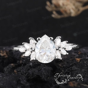 Unique Pear cut Moissanite Engagement Ring Vintage White gold cluster Engagement Ring marquise diamond wedding bridal women Anniversary Gift