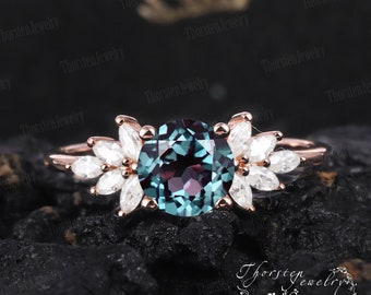 Unique Alexandrite Engagement Ring Cluster 14k18k Solid Rose gold Promise Ring Marquise diamond Vintage Wedding bridal ring Anniversary Gift