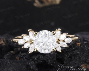 Unique Moissanite Engagement Ring Cluster Yellow gold Engagement Ring Marquise diamond Vintage Wedding bridal ring Anniversary promise Gift