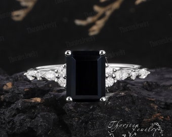Vintage Black Onyx Engagement Ring | Unique White Gold Wedding Ring | Emerald Cut Cluster Ring | Diamond Anniversary Gift | Promise ring