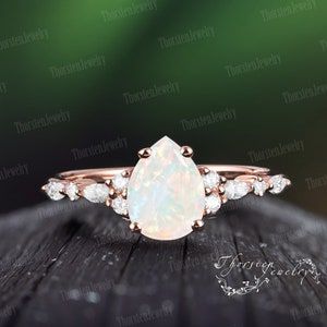 Vintage Fire Opal Engagement Ring | Unique Rose Gold Wedding Ring | Pear Cut Cluster Ring | Diamond Promise Ring | Anniversary gift