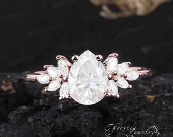 Unique Pear cut Moissanite Engagement Ring Vintage Rose gold cluster Engagement Ring marquise diamond wedding bridal women Anniversary Gift