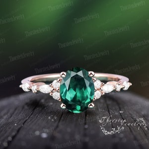 Vintage Emerald Engagement Ring | Unique Rose Gold Wedding Ring | Oval Cut Cluster Ring | May Birthstone Gem Promise Ring | Anniversary gift
