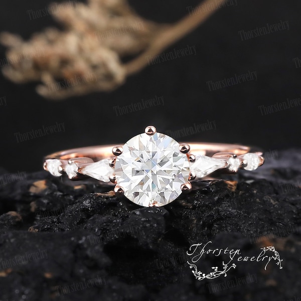 Vintage Moissanite Engagement Ring | Unique Round Rose Gold Wedding Ring |Kite Cut Diamond Cluster Ring | Promise Ring | Anniversary gift