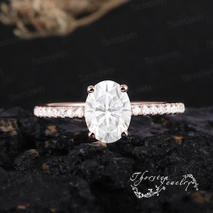 Oval Cut Moissanite engagement ring Rose Gold vintage engagement ring Half eternity ring Unique Bridal ring Anniversary gift for women