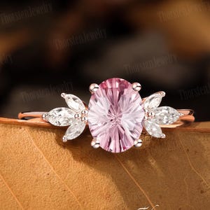 Vintage fyrverkeri-slipad oval rosa safir förlovningsring massivt roséguld löfte ring klusterring art déco-ring brudring present till henne