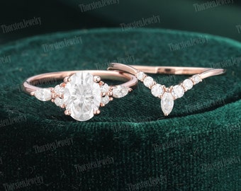 Oval Moissanite engagement ring set vintage unique solid rose gold engagement ring Marquise Cluster ring diamond wedding Bridal Promise ring