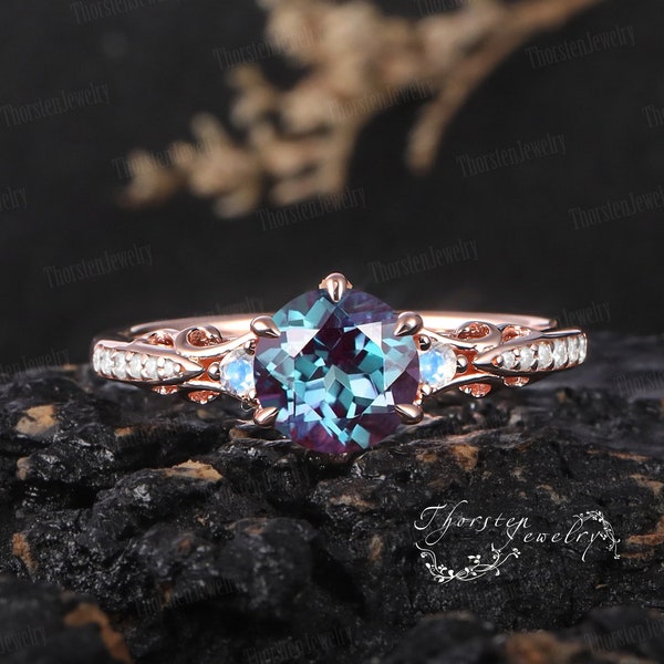 Alexandrite Engagement Ring Rose Gold Promise Ring Vintage Colour Changing Stone June Birthstone Art Deco Ring Handmade Jewelry Gifts