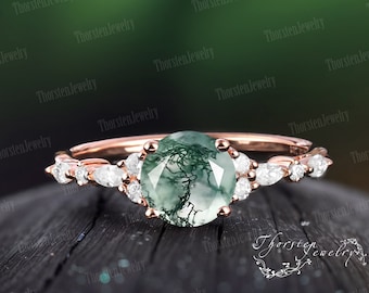 Vintage Moss Agate Engagement Ring | Unique Rose Gold Wedding Ring | Round Cut Cluster Ring | Diamond Promise Ring | Anniversary gift