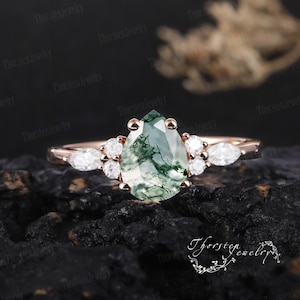 Moss Agate Engagement Ring | Vintage Unique Rose Gold Wedding Ring |  Pear Cut Cluster Ring | Diamond Promise Ring | Anniversary Gift Ring