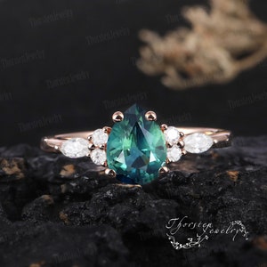 Vintage Teal Sapphire Engagement Ring | Unique Rose Gold Wedding Ring | Pear shaped cluster ring | Diamond Promise Ring | Anniversary gift