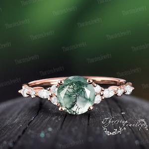 Vintage Moss Agate Engagement Ring | Unique Rose Gold Wedding Ring | Round Cut Cluster Ring | Diamond Promise Ring | Anniversary gift