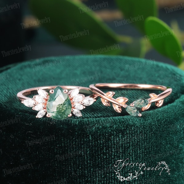 Vintage Pear Shaped Moss Agate engagement ring set Unique Rose gold Cluster Engagement ring diamond wedding bridal Anniversary Promise Ring