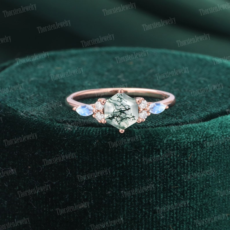 Hexagon Cut Moss Agate Engagement Ring Unique Rose Gold Wedding Ring Vintage Cluster Ring Diamond Promise Ring Anniversary gift image 8