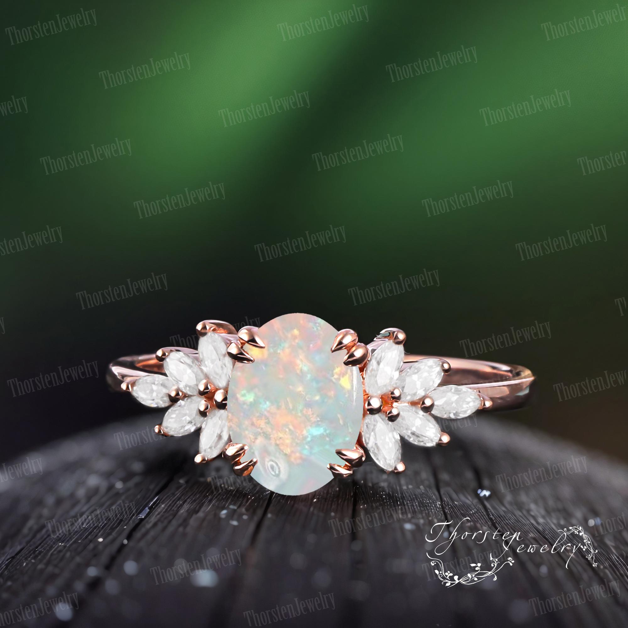 Bague Fiançailles Vintage Opale De Feu Naturelle 4 Carats Ovale - Plaqué Or 14k, Argent 925, Ajustable, Sur Mesure