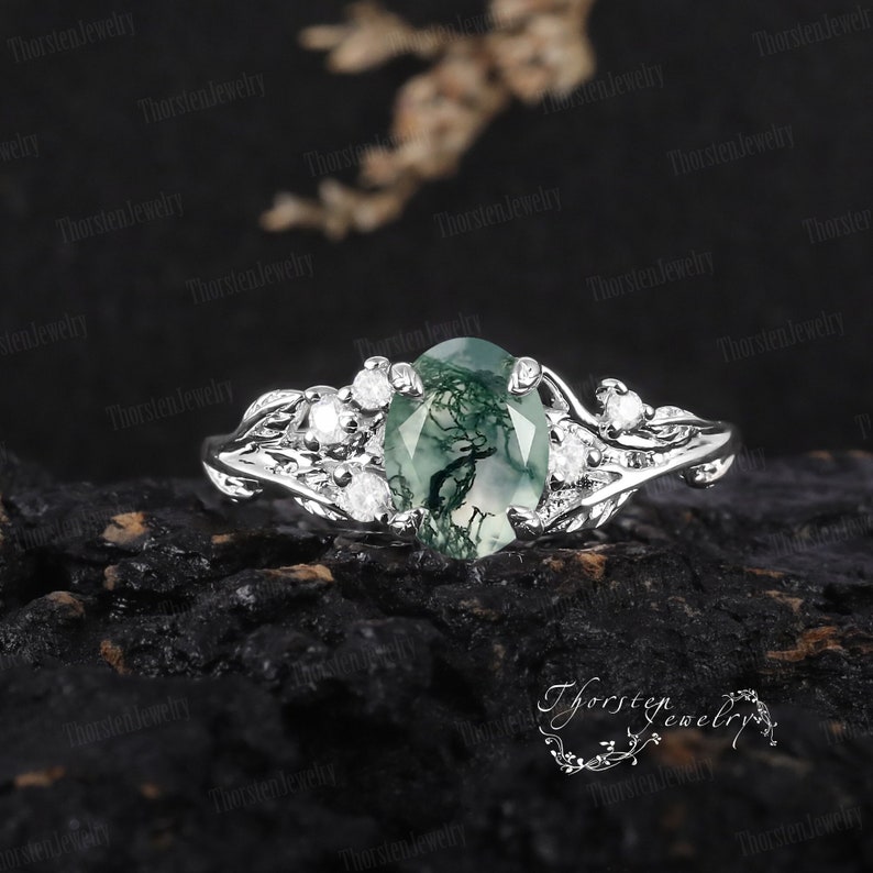 Natural Oval Moss Agate Engagement Ring 14k White Gold Unique Promise Ring Bridal Ring Nature Inspired Leaf Ring Anniversary Gifts For Women image 10