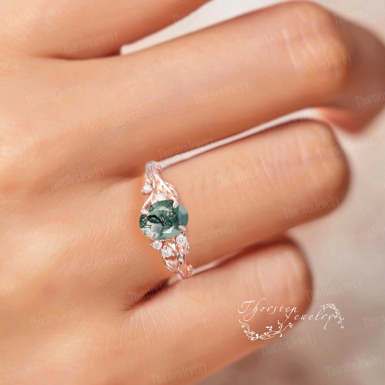 Natural Oval Moss Agate Engagement Ring 14k White Gold Unique Promise Ring Bridal Ring Nature Inspired Leaf Ring Anniversary Gifts For Women image 3