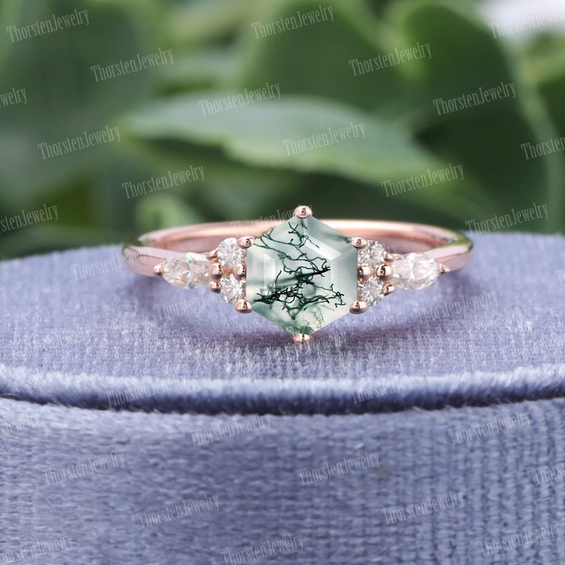 Hexagon Cut Moss Agate Engagement Ring Unique Rose Gold Wedding Ring Vintage Cluster Ring Diamond Promise Ring Anniversary gift image 1