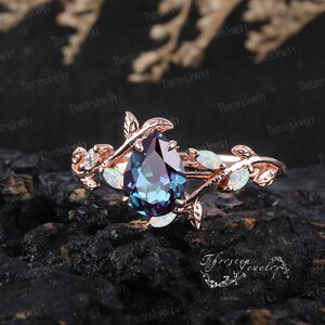 Art Deco Ring Pear Alexandrite Engagement Ring Rose gold Bridal Sets Vintage Leaf Promise Ring Nature Inspired Cluster Ring Women Jewelry image 6