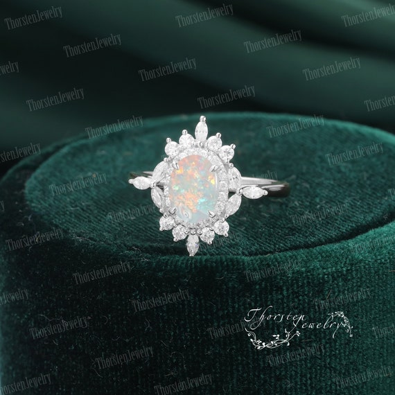 Bague Fiançailles Vintage En Opale De Feu Naturelle 4 Carats Ovale - Plaqué Or 14k - Taille Ajustable
