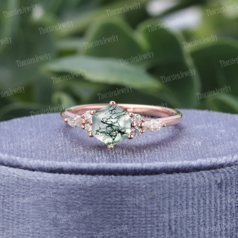 Hexagon Cut Moss Agate Engagement Ring Unique Rose Gold Wedding Ring Vintage Cluster Ring Diamond Promise Ring Anniversary gift image 2