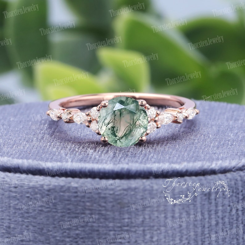 Vintage Moss Agate Engagement Ring Unique Rose Gold Wedding Ring Round Cut Cluster Ring Diamond Promise Ring Anniversary gift image 1
