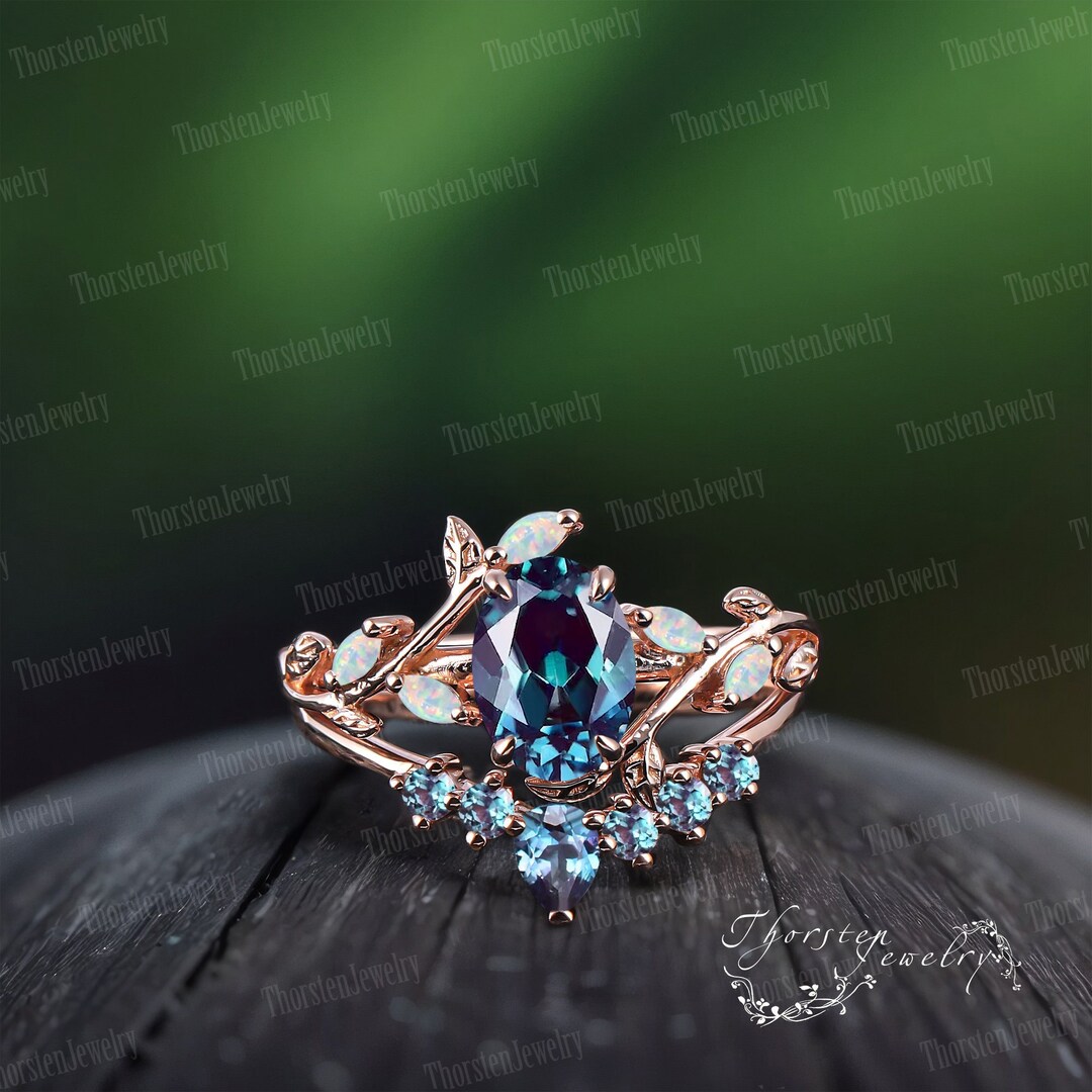 Art Deco Ring Oval Alexandrite Engagement Ring Rose Gold Bridal