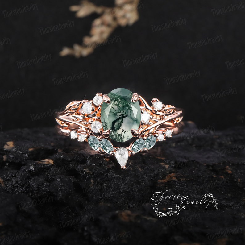 Natural Oval Moss Agate Engagement Ring 14k White Gold Unique Promise Ring Bridal Ring Nature Inspired Leaf Ring Anniversary Gifts For Women image 10