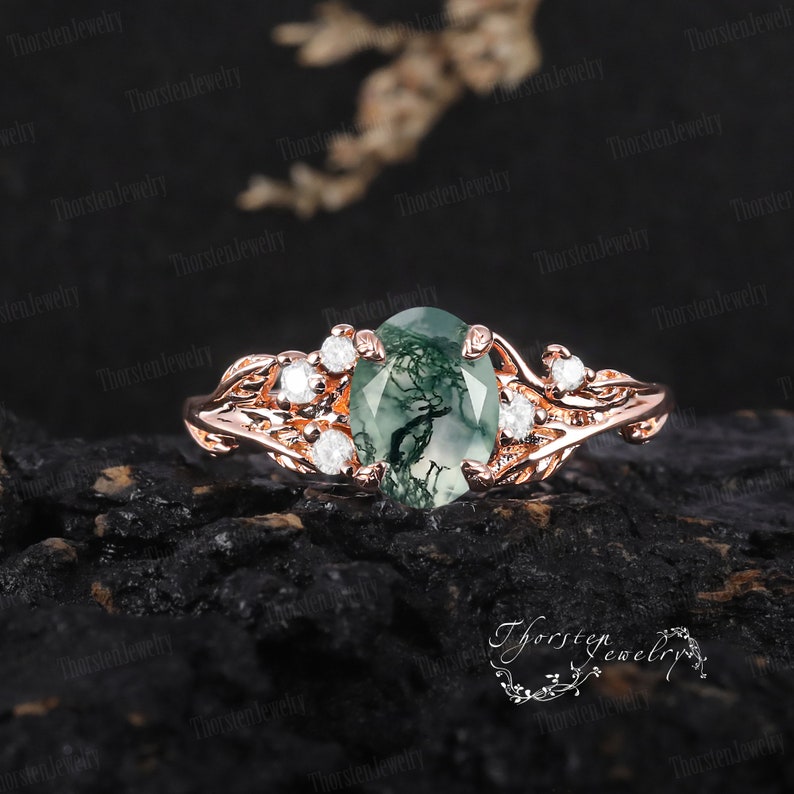 Natural Oval Moss Agate Engagement Ring 14k White Gold Unique Promise Ring Bridal Ring Nature Inspired Leaf Ring Anniversary Gifts For Women image 5