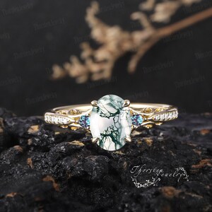 Anillo de compromiso de ágata de musgo natural ovalado vintage Anillo de promesa de oro blanco Piedra preciosa verde Anillo art déco inspirado en la naturaleza Regalos de joyería hechos a mano imagen 7