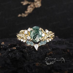 Natural Oval Moss Agate Engagement Ring 14k White Gold Unique Promise Ring Bridal Ring Nature Inspired Leaf Ring Anniversary Gifts For Women image 8